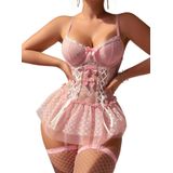 Conjunto De Lingerie Cripom Pink Lace Plus Size Com Cinta-liga Xxxl