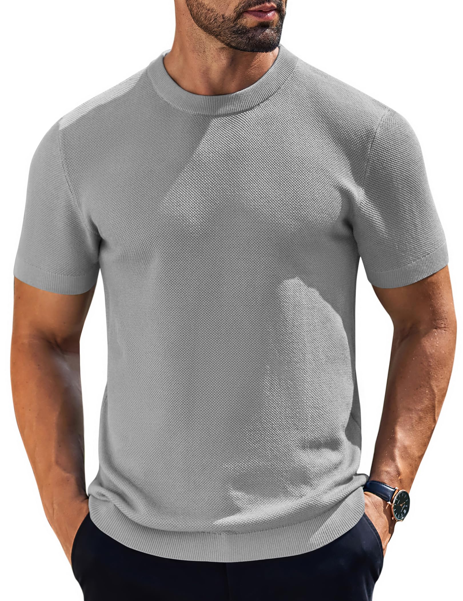 Camiseta Masculina Coofandy De Malha Com Gola Redonda, Manga Curta, Cinza Claro