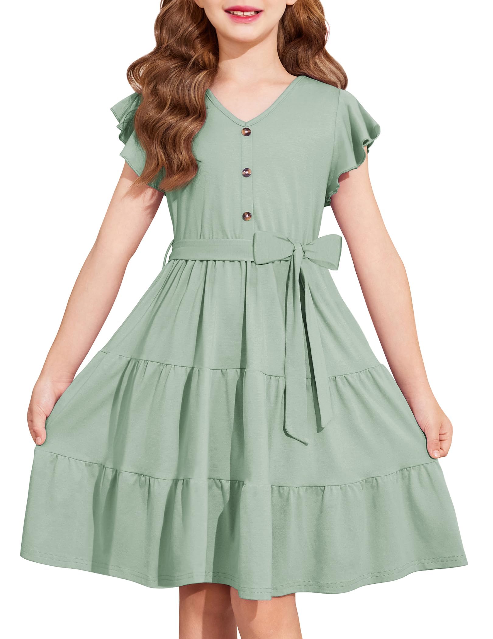 Vestido Arshiner Girls De Manga Curta De Verão Com Decote Em V Com Cinto 10-11y