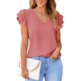 Camiseta Feminina Alvaq Com Babados, Manga Curta, Decote Em V, Coral