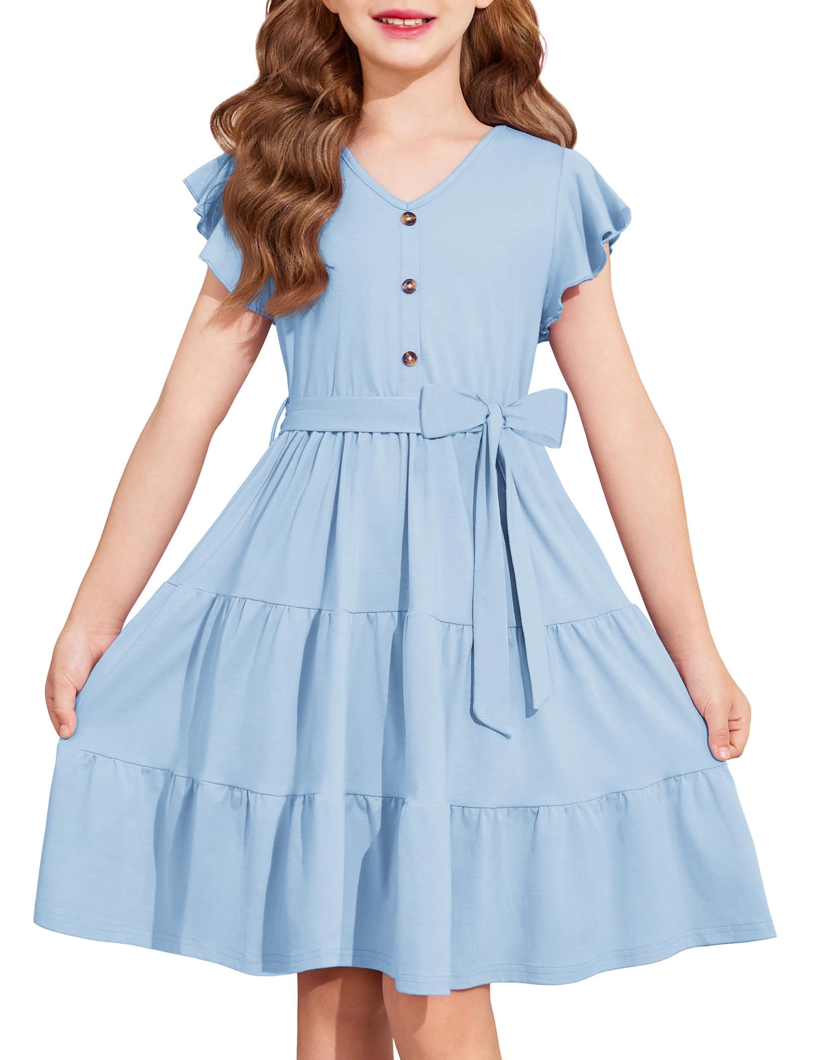 Vestido Arshiner Girls De Manga Curta De Verão Com Decote Em V Com Cinto 9-10y