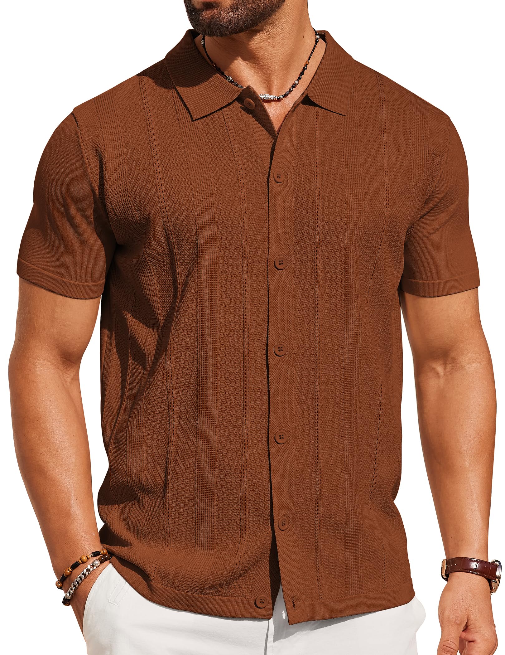 Camisa Masculina Coofandy, Polo De Malha, Manga Curta, Terracota Vintage