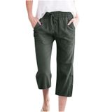 Calças Capri Femininas, Algodão, Linho, Casuais, Verão, Verde, Tamanho S