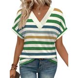 Blusas Wiholl Summer Com Decote Em V, Manga Curta, Listras Verdes Para Mulheres