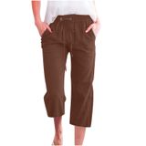 Calças Capris Femininas De Algodão E Linho, Retas, Largas, Marrons