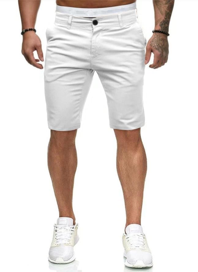 Shorts Masculinos Hungson Slim Fit Stretch Chino, Brancos, Tamanho 34