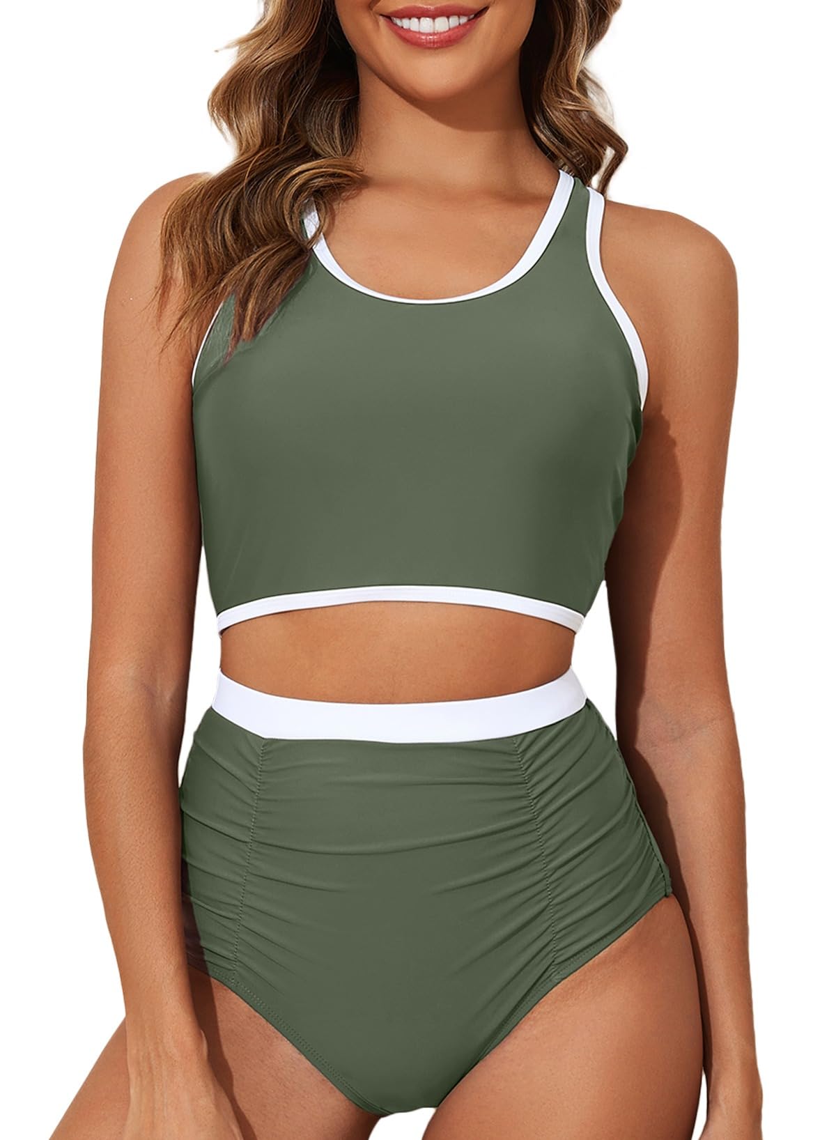 Conjunto De Biquíni Aleumdr, Roupa De Banho Feminina, Cintura Alta, Verde 2024