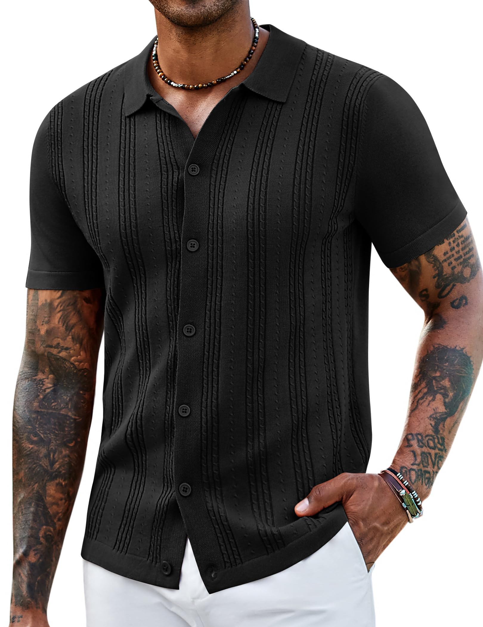 Camisa Polo De Malha Coofandy Masculina De Manga Curta Preta De Verão