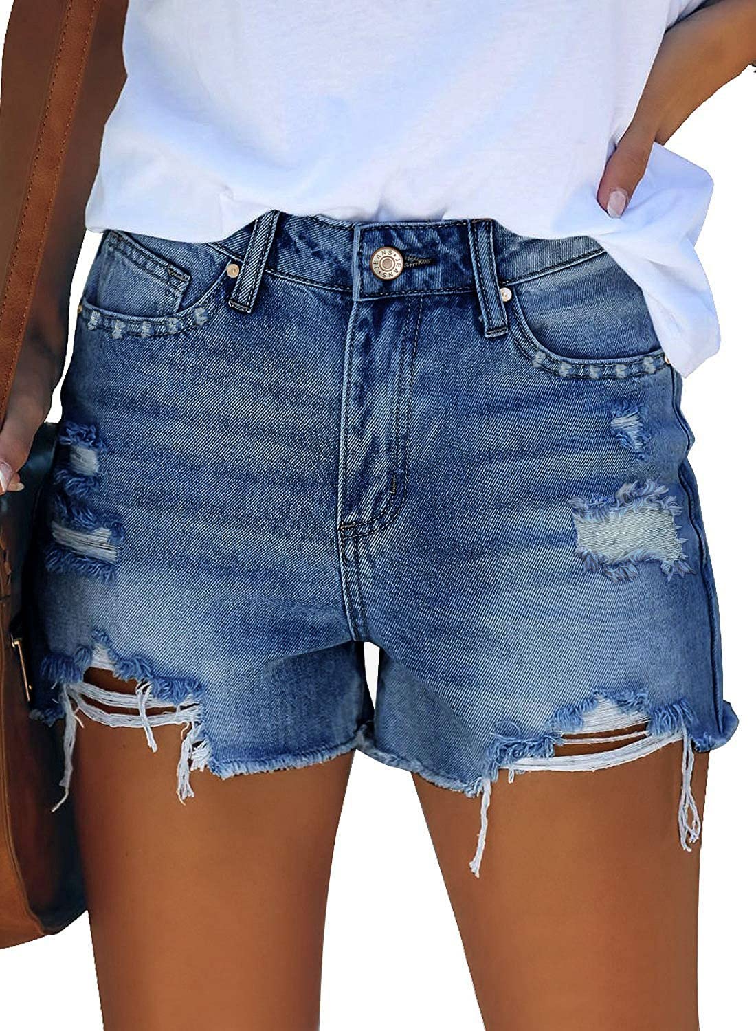 Apenas Shorts Jeans Folhados, Azul Marinho, De Cintura Alta, Rasgados Para Mulheres