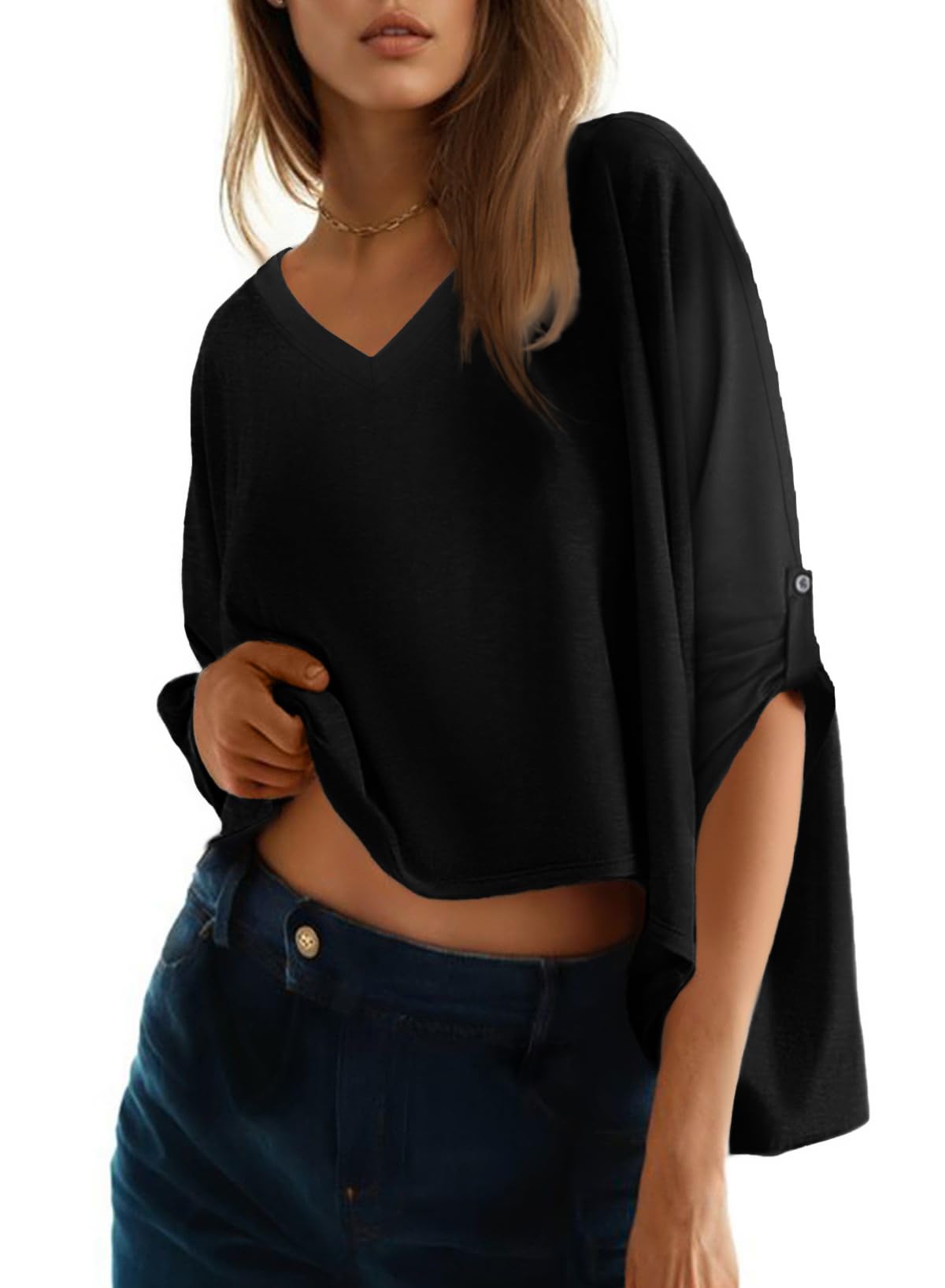 Camiseta Feminina Dokotoo De Verão Com Decote Em V E Manga Curta Preta S