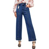 Jeans Femininos Elegantes, De Cintura Alta, Cortados Em Linha Reta, Azul Marinho