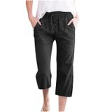 Calça Capri Feminina Casual De Verão Preta, Linho, Cintura Elástica