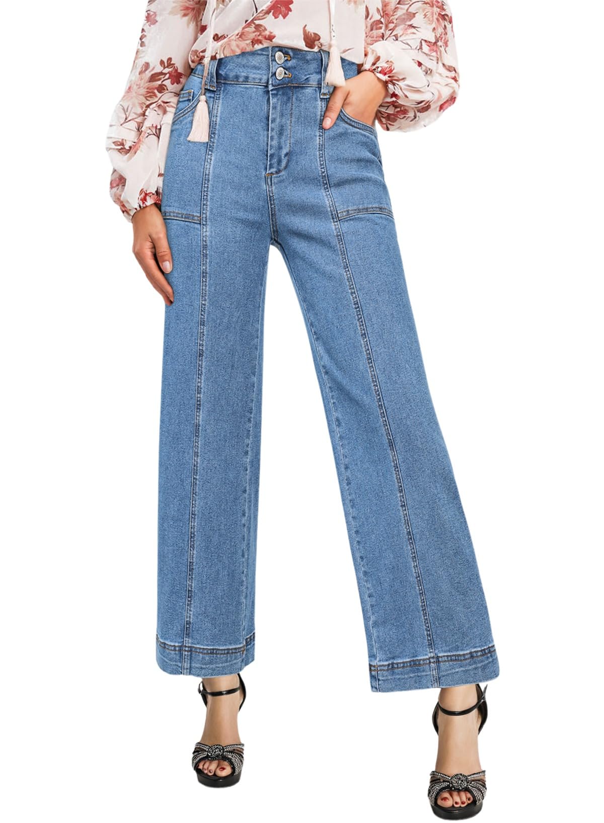 Jeans Femininos Estilosos, Elásticos, De Cintura Alta, Cortados Em Azul Claro