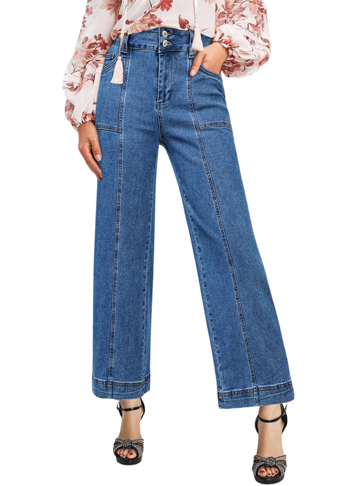 Jeans Cortados, Estilosos, Elásticos, Cintura Alta, Perna Larga, Azul