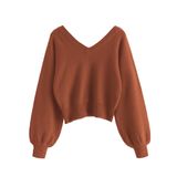 Suéter Feminino Zaful Cortado Com Decote Em V, Manga Comprida, Vermelho Tijolo, Gg