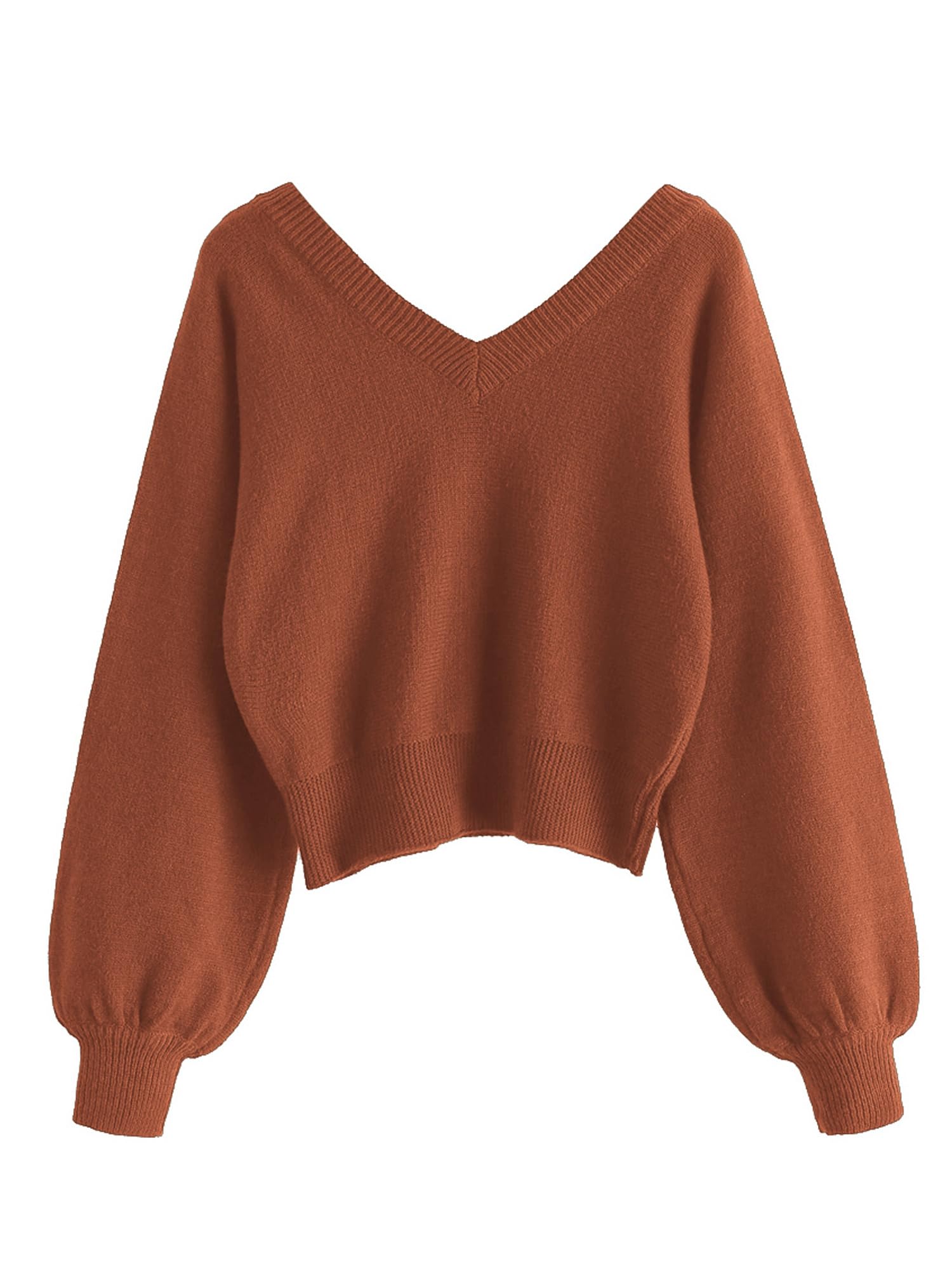 Suéter Feminino Zaful Cortado Com Decote Em V, Manga Comprida, Vermelho Tijolo, Gg