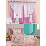 Kit Cortina Juvenil Quarto Menina + Colcha Matelada + Tapete Sara - Rosa