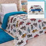 Coordenado Coberdrom Edredom E Lençol Solteiro 4 Peças Carros - Azul