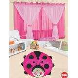 Kit Decoração P/ Quarto De Menina = Cortina Malha Juvenil + Tapete Pelucia Big Urso Joaninha - Pink
