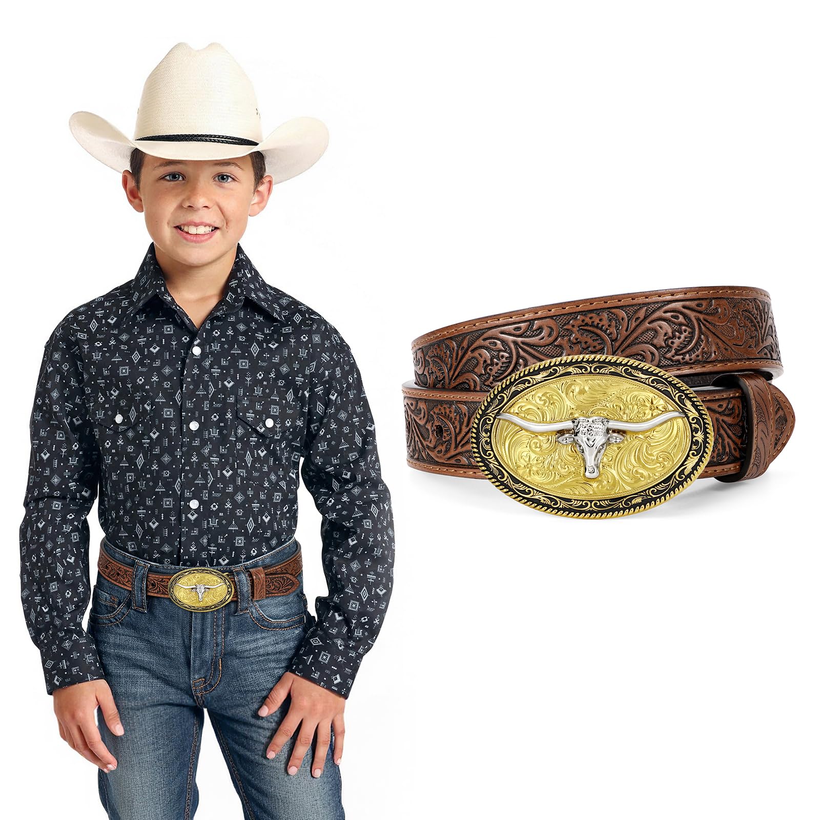 Western Belt Jkeemi Kids Em Couro Genuíno Estampado Unissex
