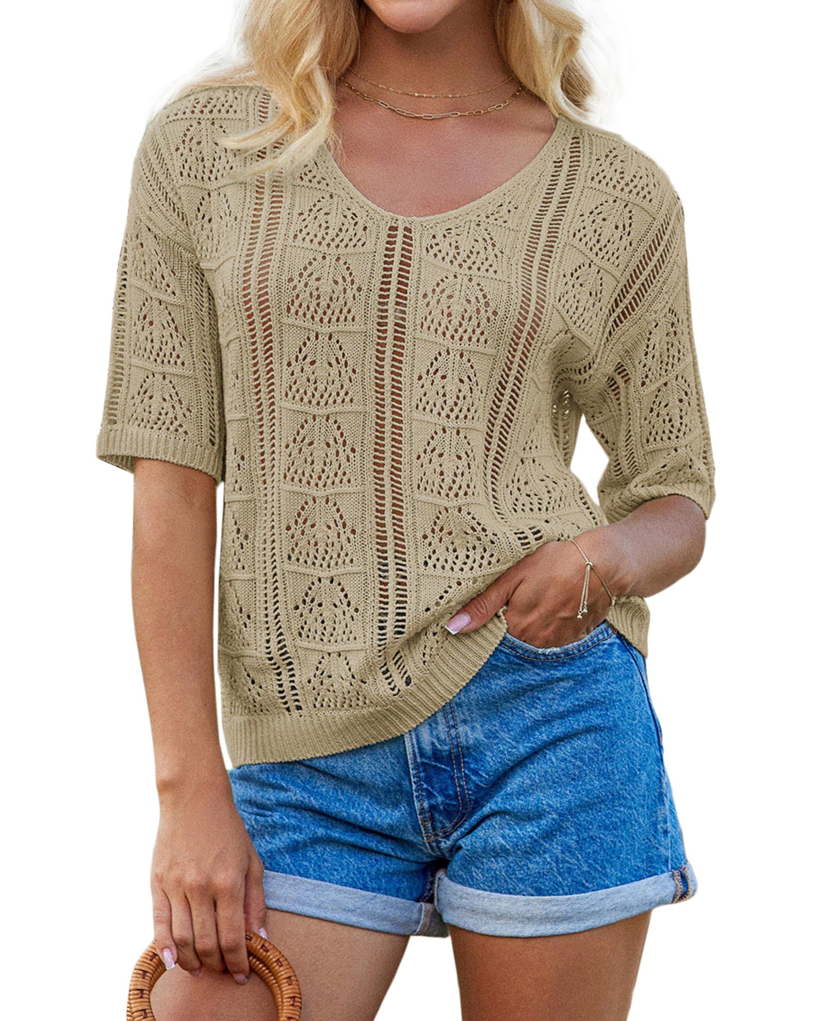Suéter Feminino De Manga Curta Com Decote Em V De Verão 2025, Blusa De Malha Oca, Capa De Praia, Damasco