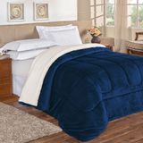 Coberdrom Apollo Queen Sherpa Pele De Carneiro + Manta Flannel 1 Peça - Azul Marinho