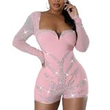 Macacão Porrcey Sexy Women Hot Drilling Deep V, Rosa