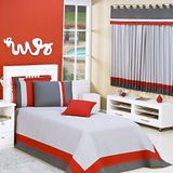 Kit Cobre Leito Solteiro Stylo Com Cortina Para Varão 2 Metros 7 Peças - Cinza E Vermelho