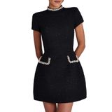 Vestido Dingang Tweed Mini Para Mulheres Em Linha A, Manga Curta, Preto