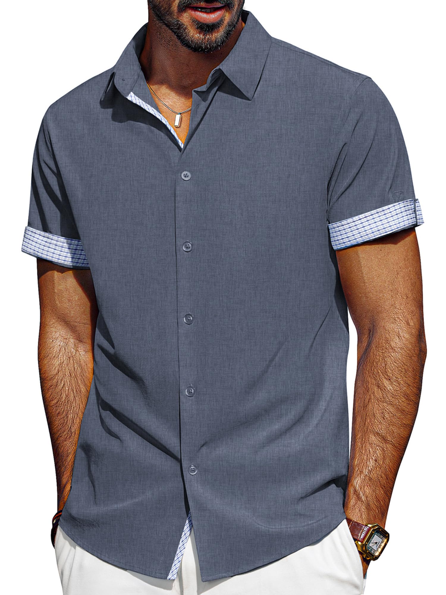 Camisa Masculina Pj Paul Jones De Manga Curta Com Botões Azul Cinza