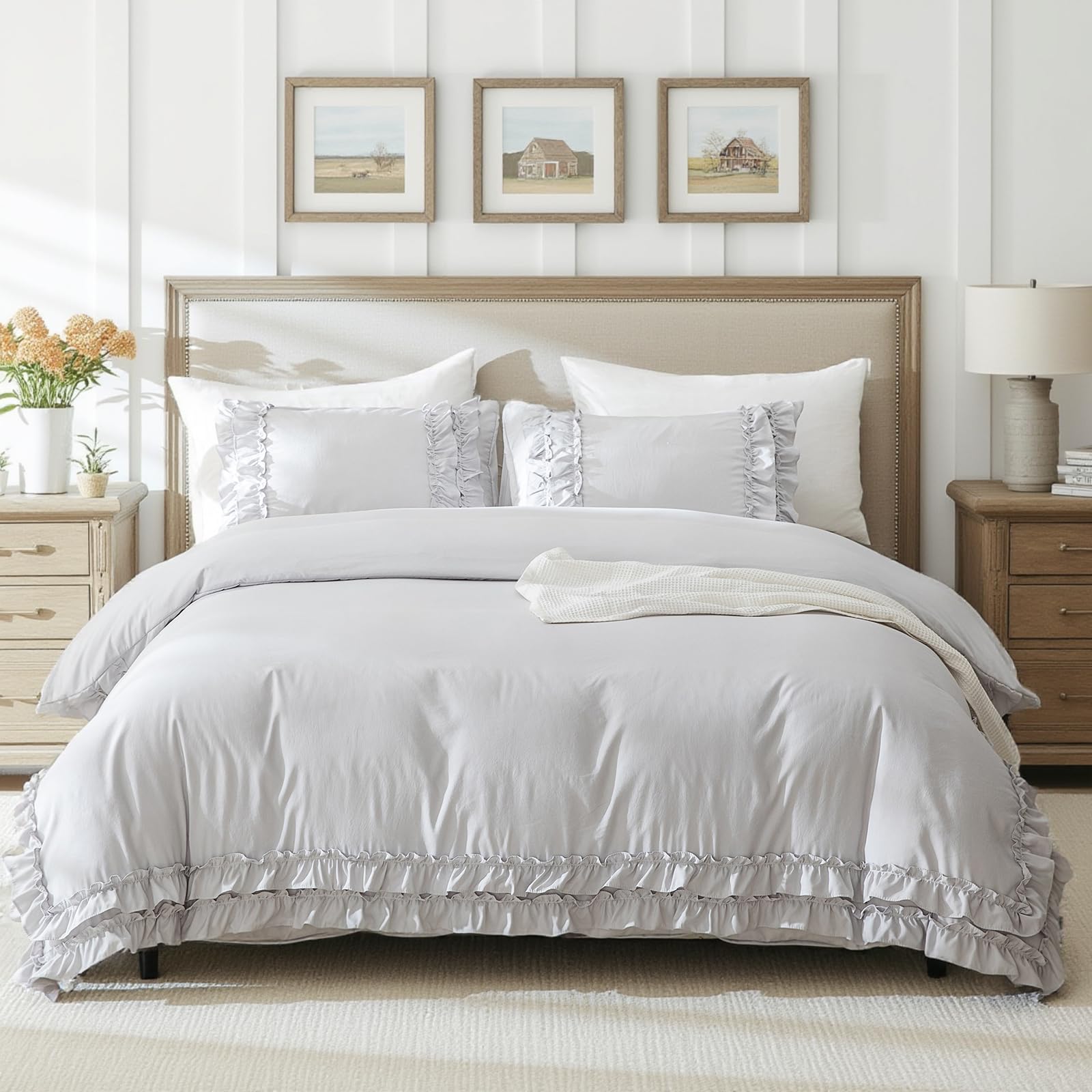 Conjunto De Capa De Edredom Bedorm Grey Queen Size Ruffle Extra Soft