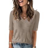 Suéter Feminino Akewei Com Decote Em V E Manga Curta, Blusa De Malha Cáqui Xxl