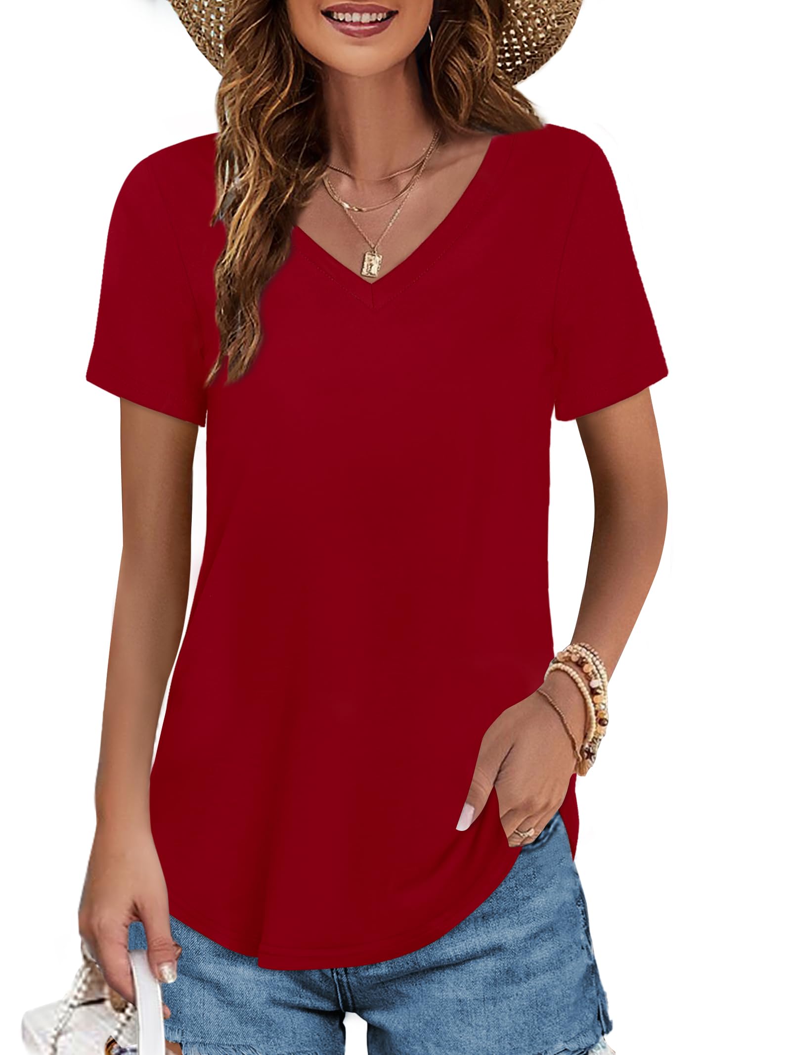 Camiseta Feminina Elesomo Com Decote Em V, Manga Curta, 100% Algodão, Vermelha S