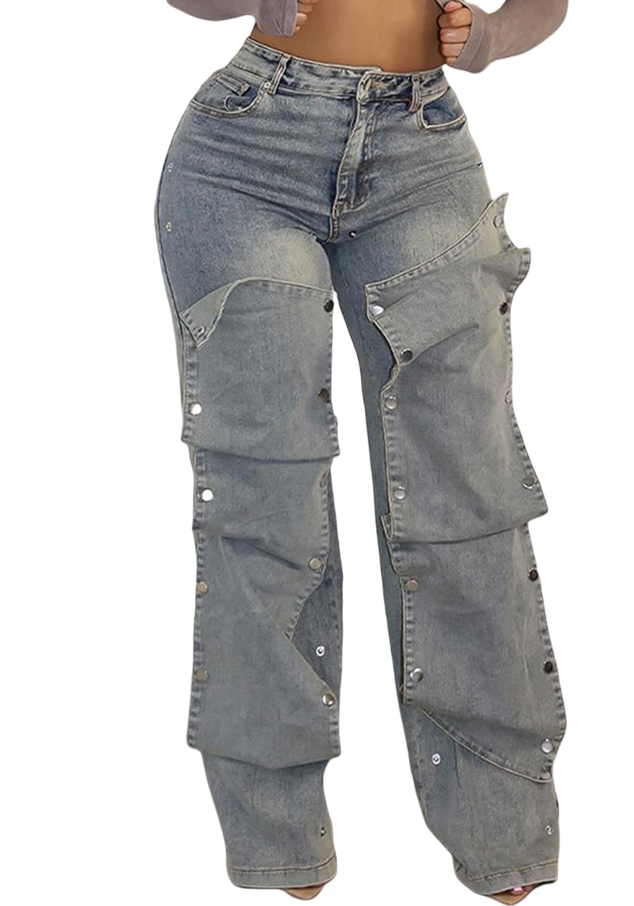 Jeans Cargo Nrthye Femininos De Cintura Alta, Retos E Pernas Largas