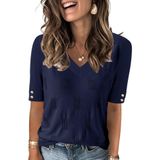 Suéter Feminino Akewei Com Decote Em V, Manga Curta, Primavera, Azul Marinho