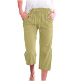 Calças Capris E Cortadas Femininas, Cintura Elástica, Linho, Verde
