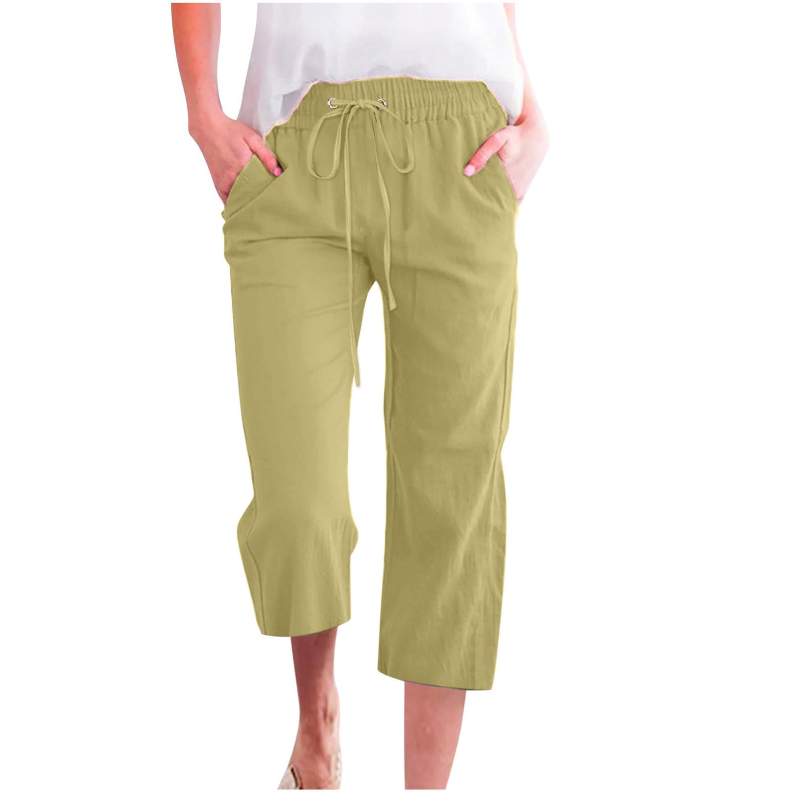 Calças Capris E Cortadas Femininas, Cintura Elástica, Linho, Verde
