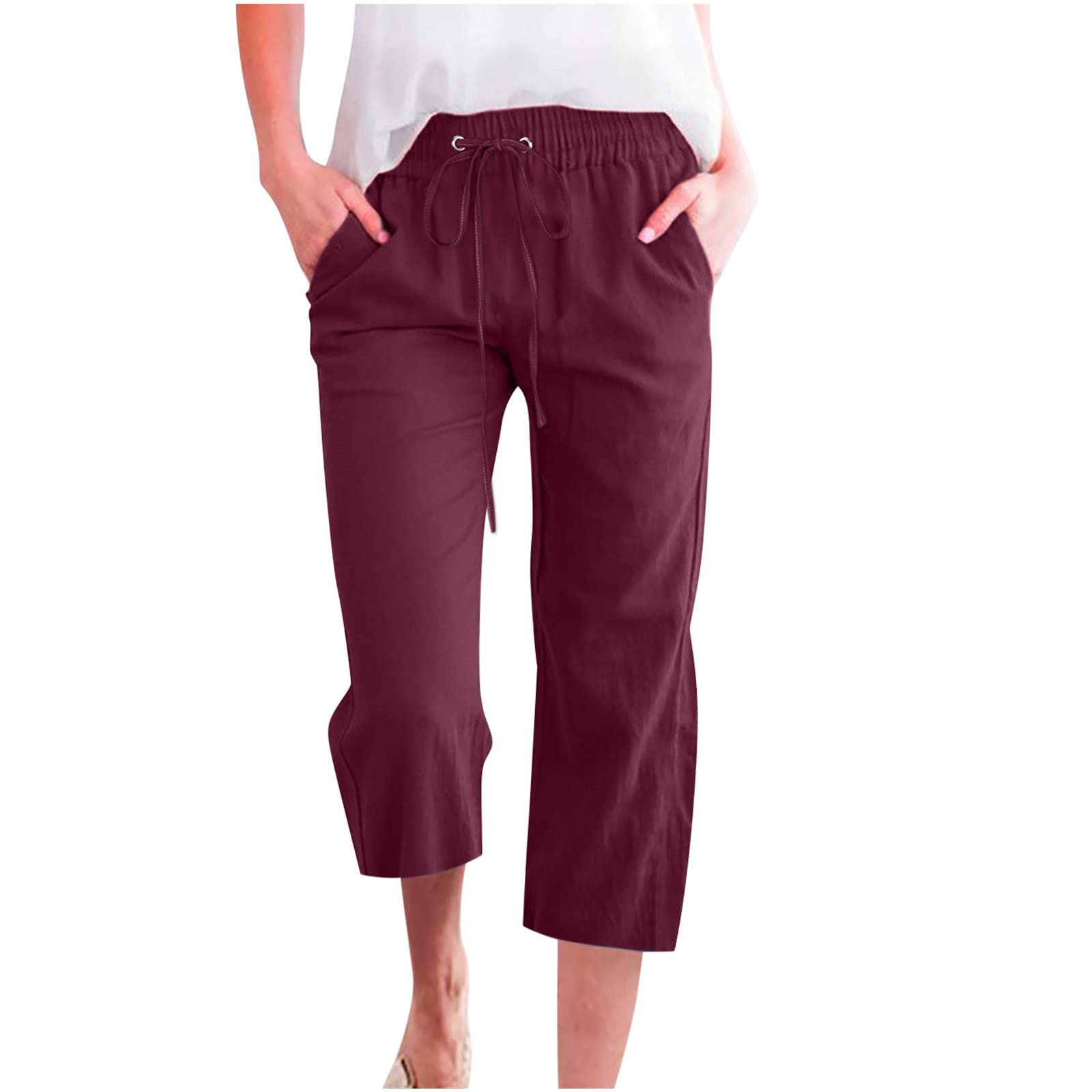Calças Capris Femininas Plus Size De Linho, Perna Larga, Vinho, 4gg