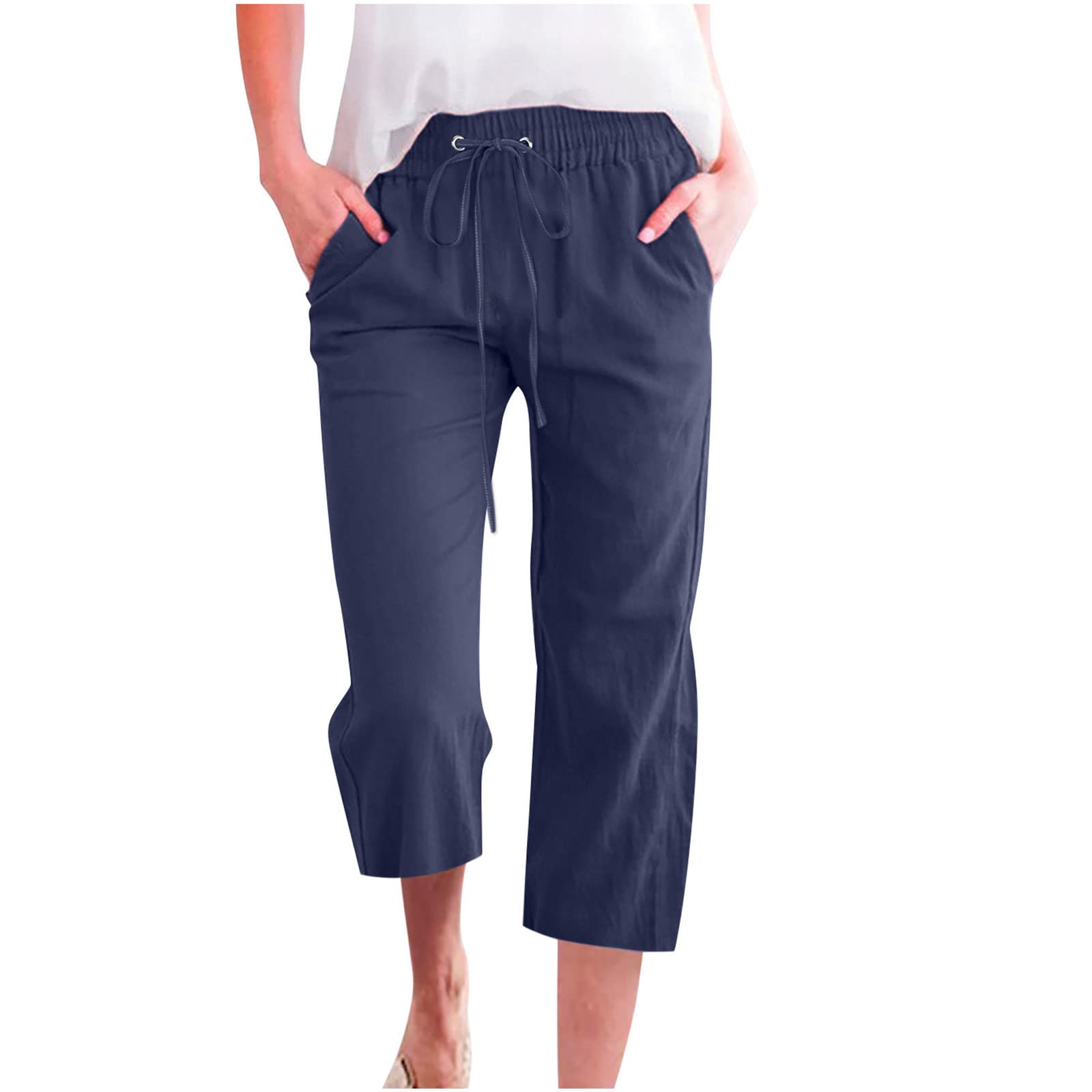 Calças Capri Femininas Plus Size Com Cordão, Elástico, Cintura, Linho