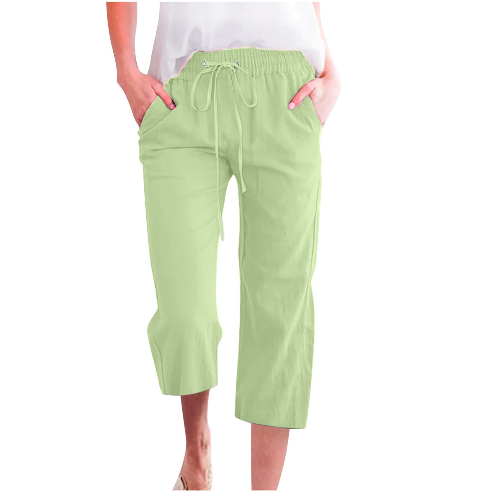 Calças De Linho Femininas Com Cintura Elástica Capris D04 Verde Xxxxl