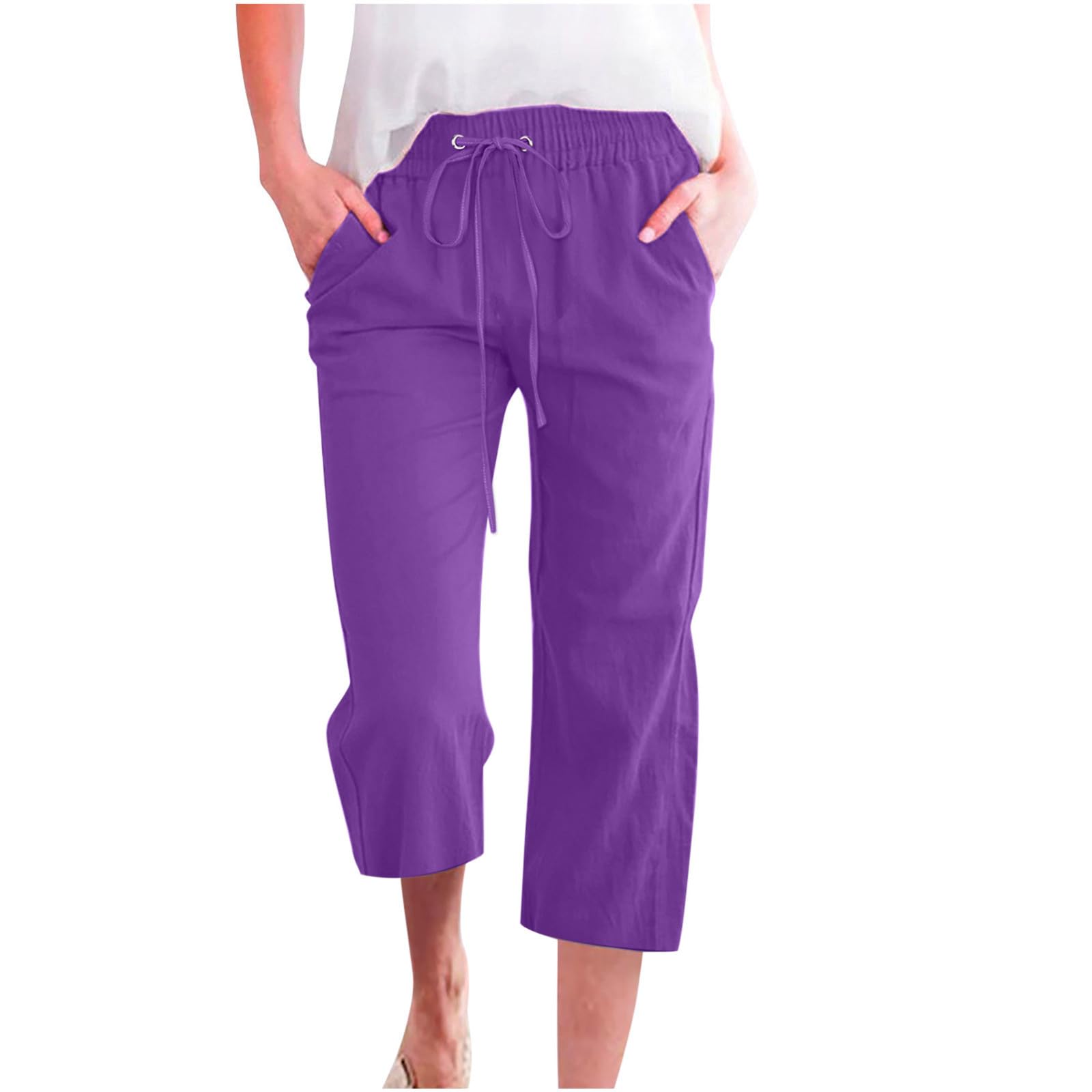 Calças Capris Femininas Plus Size De Cintura Alta, Linho, Roxas
