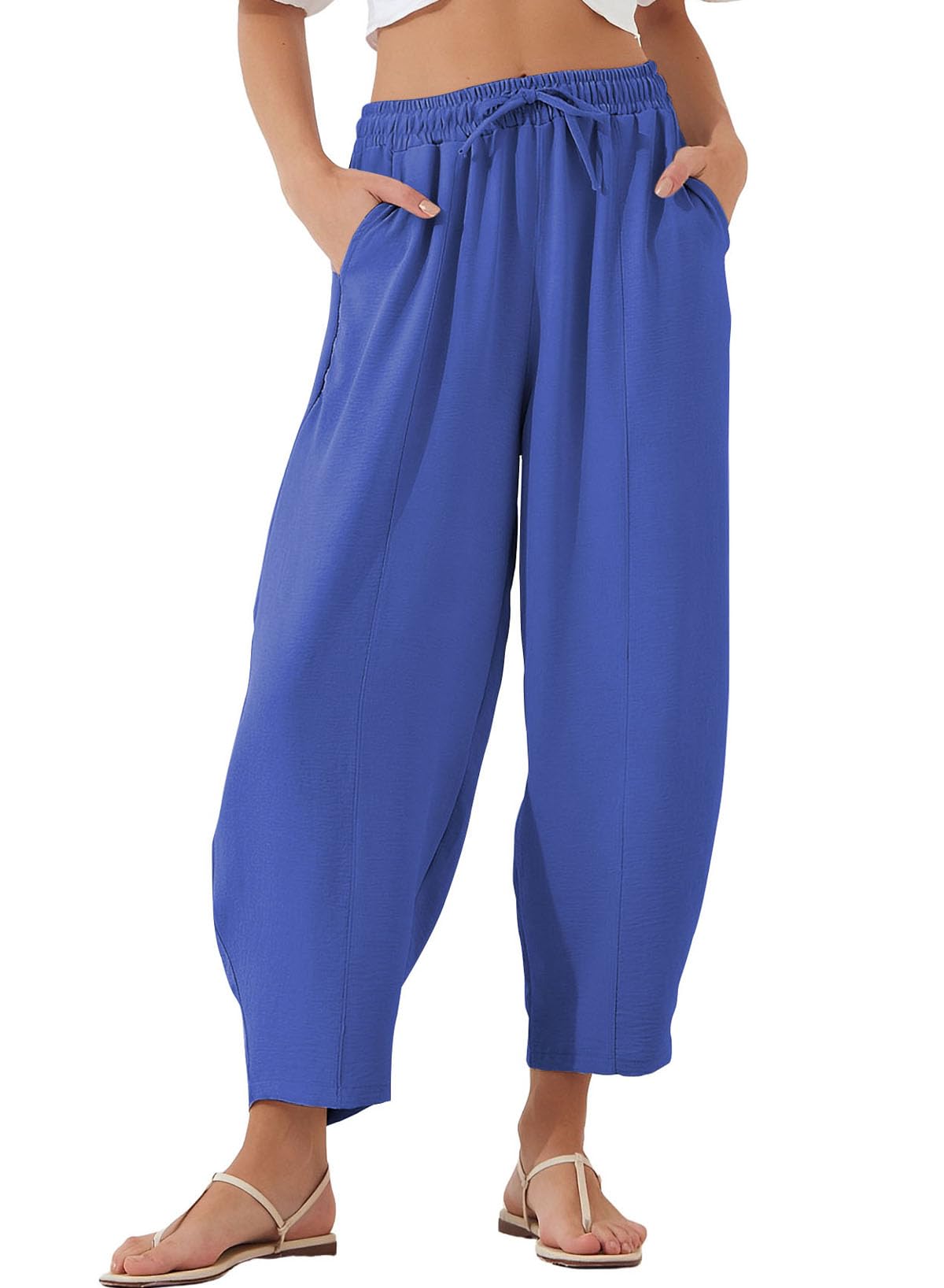 Calças Largas Casuais Evaless, Verão, Com Cordão, Azul Escuro, Xl, Femininas