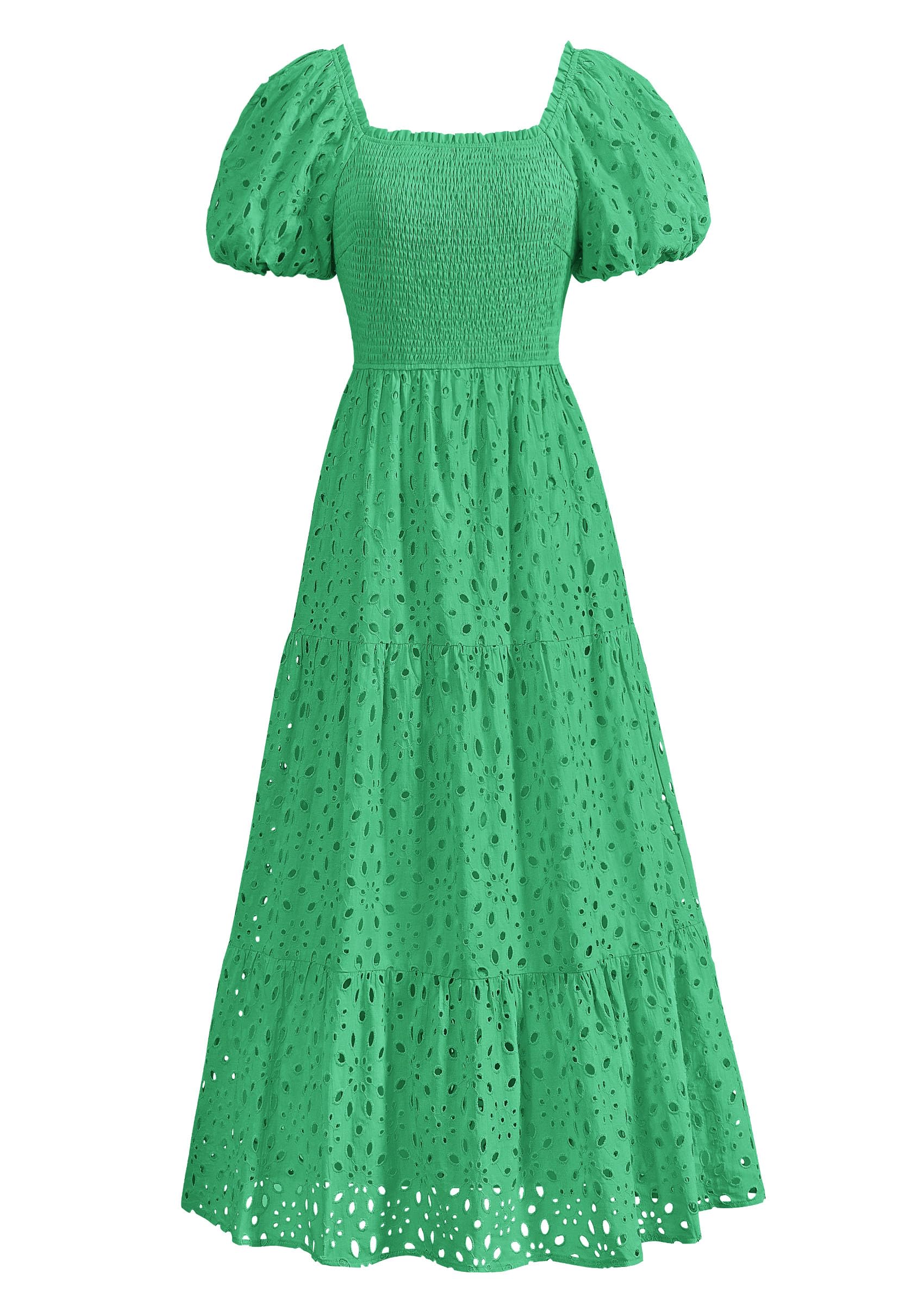 Vestido De Verão Prettygarden 2025 Eyelet Square Neck Green Xl