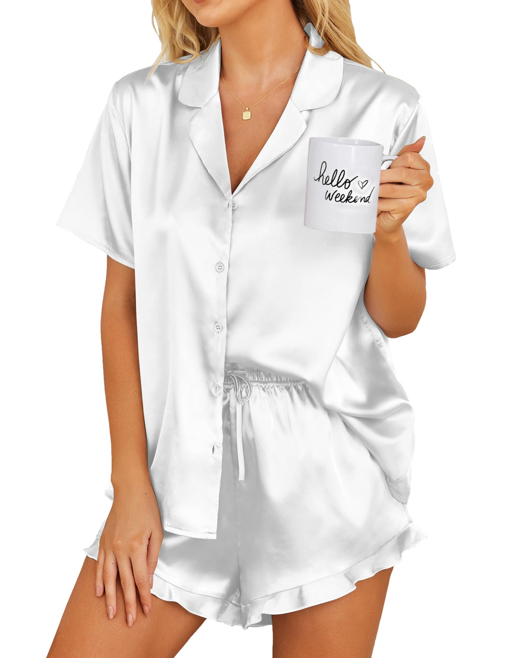 Conjunto De Pijamas Ekouaer Femininos De Cetim Com Botões E Seda Brancos S