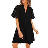 Vestido Feminino Prettygarden, Manga Curta, Decote Em V, Ilhó Preto
