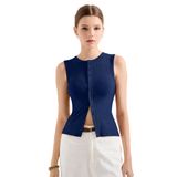 Camiseta Regata Feminina Suuksess, Canelada, Sexy, Y2k, Com Botões, Azul Marinho