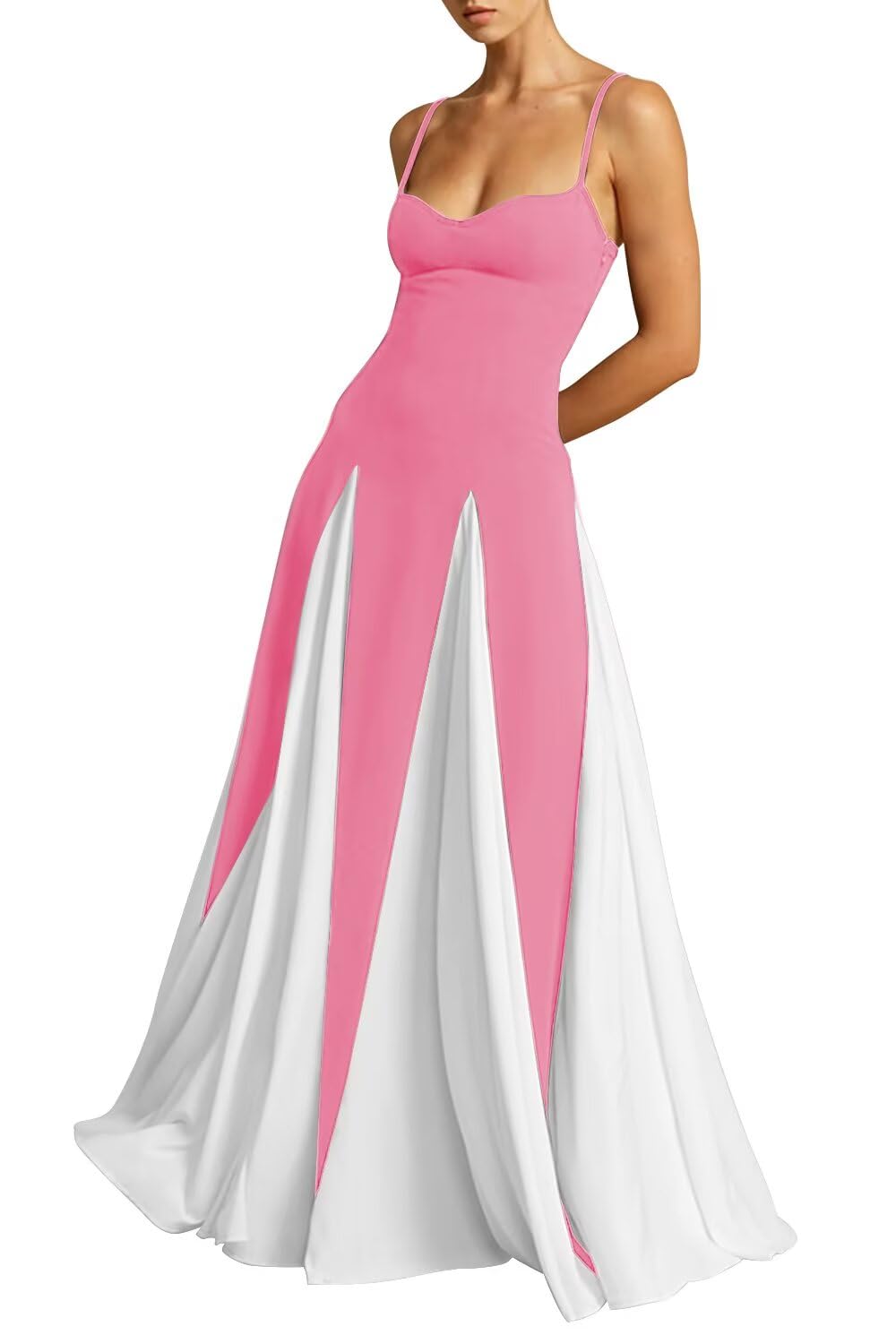 Vestido De Noite Eemeii Patchwork Plissado Spaghetti Straps Rosa