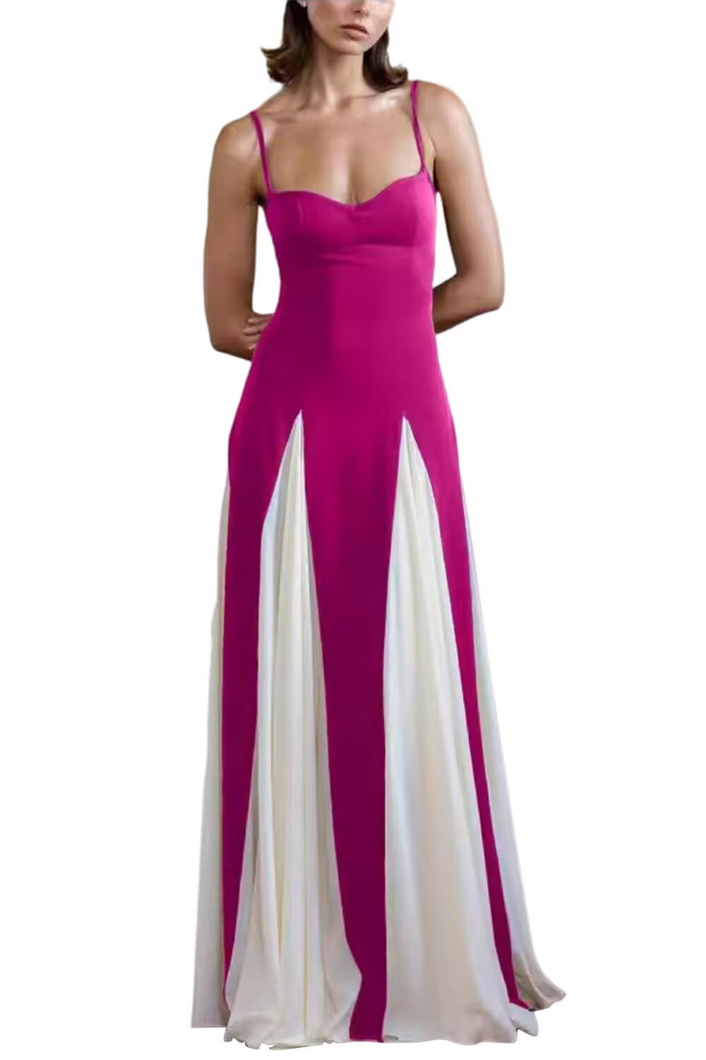 Vestido De Noite Eemeii Patchwork Plissado Spaghetti Straps Fuchsia