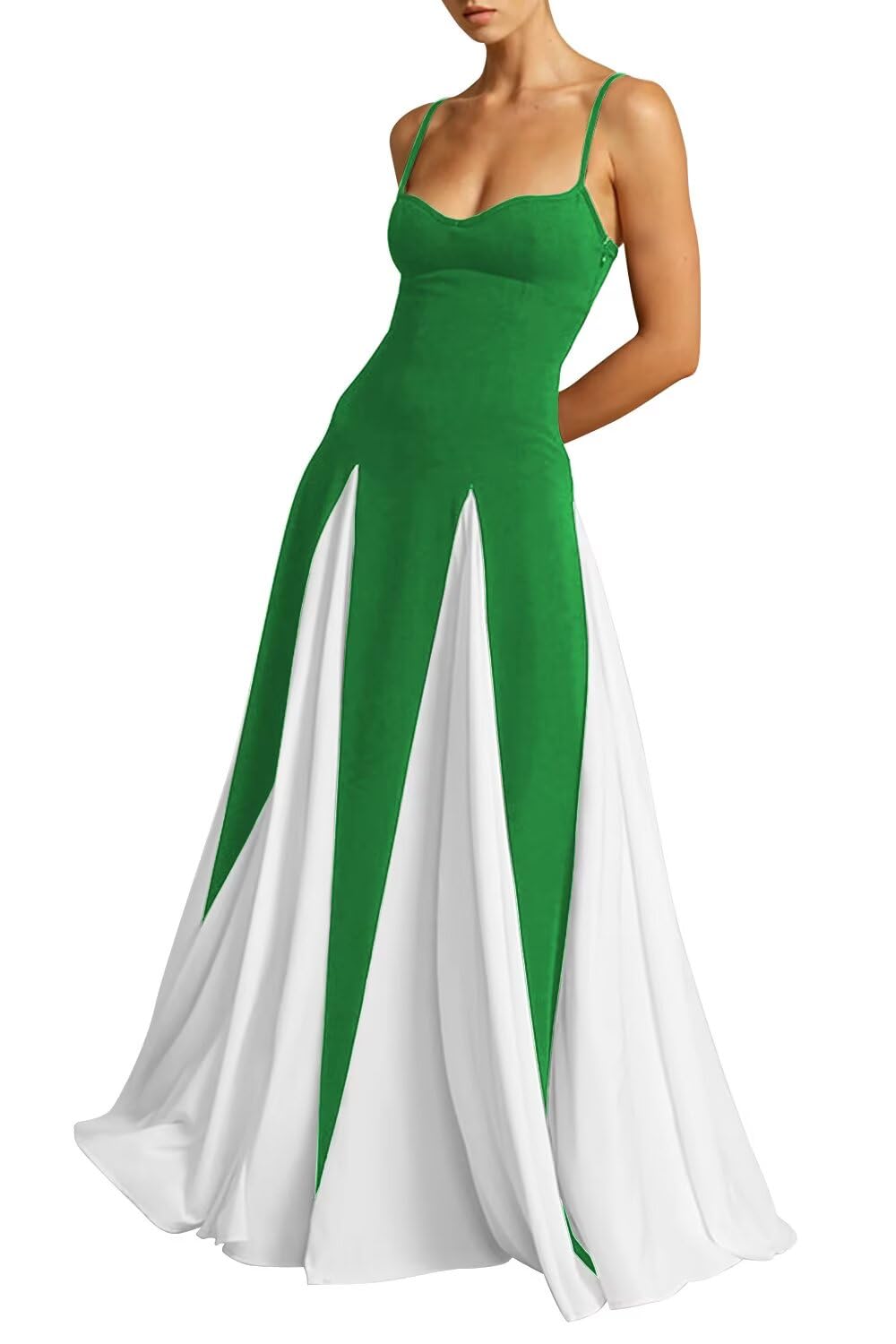 Vestido De Formatura Eemeii Spaghetti Straps, Patchwork, Verde, Branco