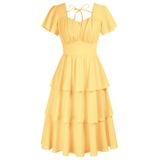 Vestido Belle Poque, Verão 2024, Amarelo Claro, Com Babados Em Camadas